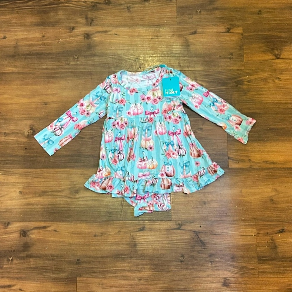 Posh Peanut Edie Pumpkin and Bow Floral Long Sleeve Ruffled Bodysuit